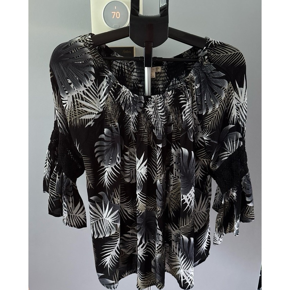 Studio West Women's Black Tropical Print Off the Shoulder Bell 1/4 Sleeve XL